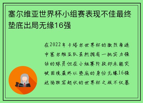 塞尔维亚世界杯小组赛表现不佳最终垫底出局无缘16强